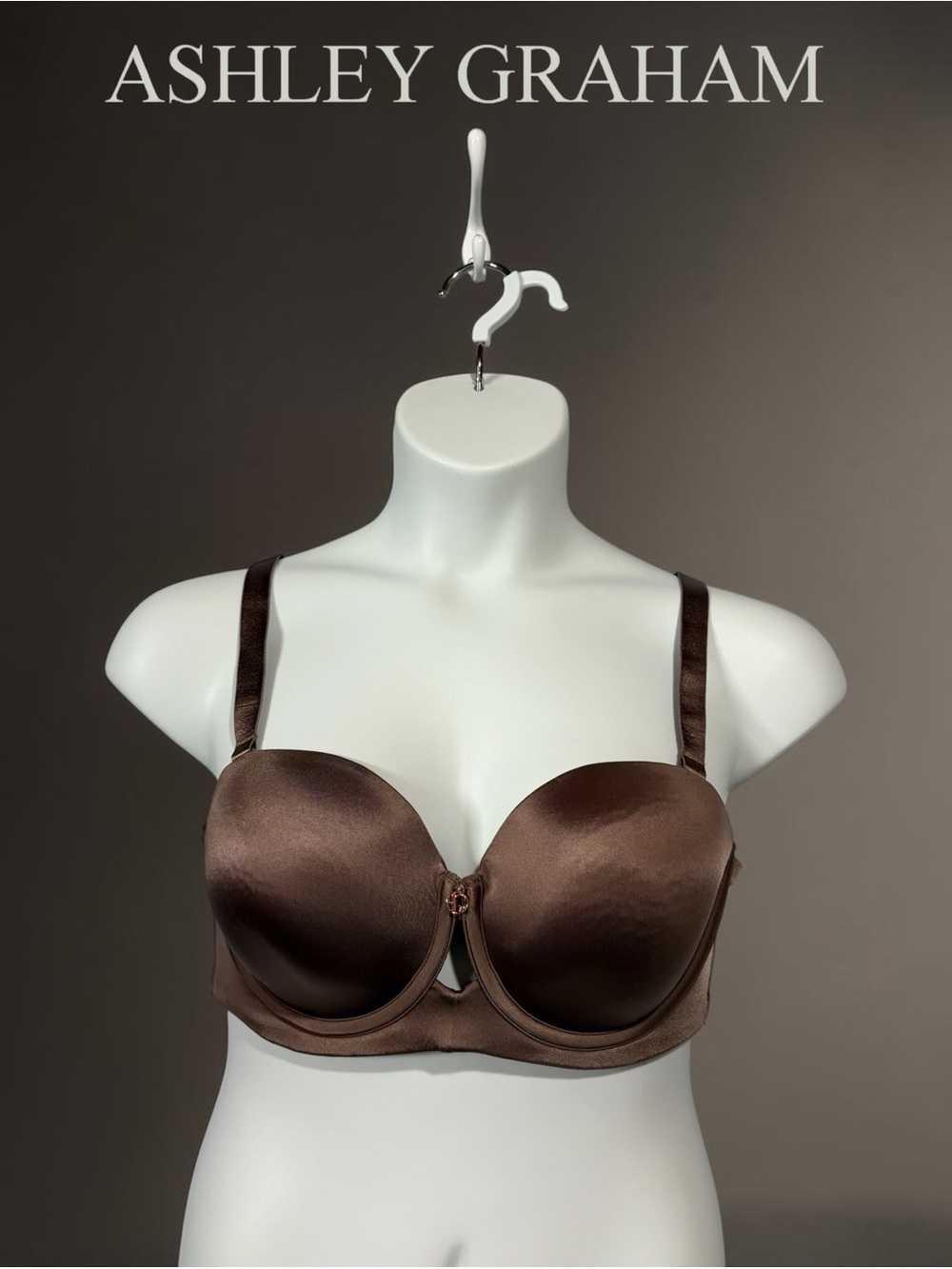 NEW, Ashley Graham 38D Satin T-Shirt Bra Plus Size Brown Underwire Full Coverage